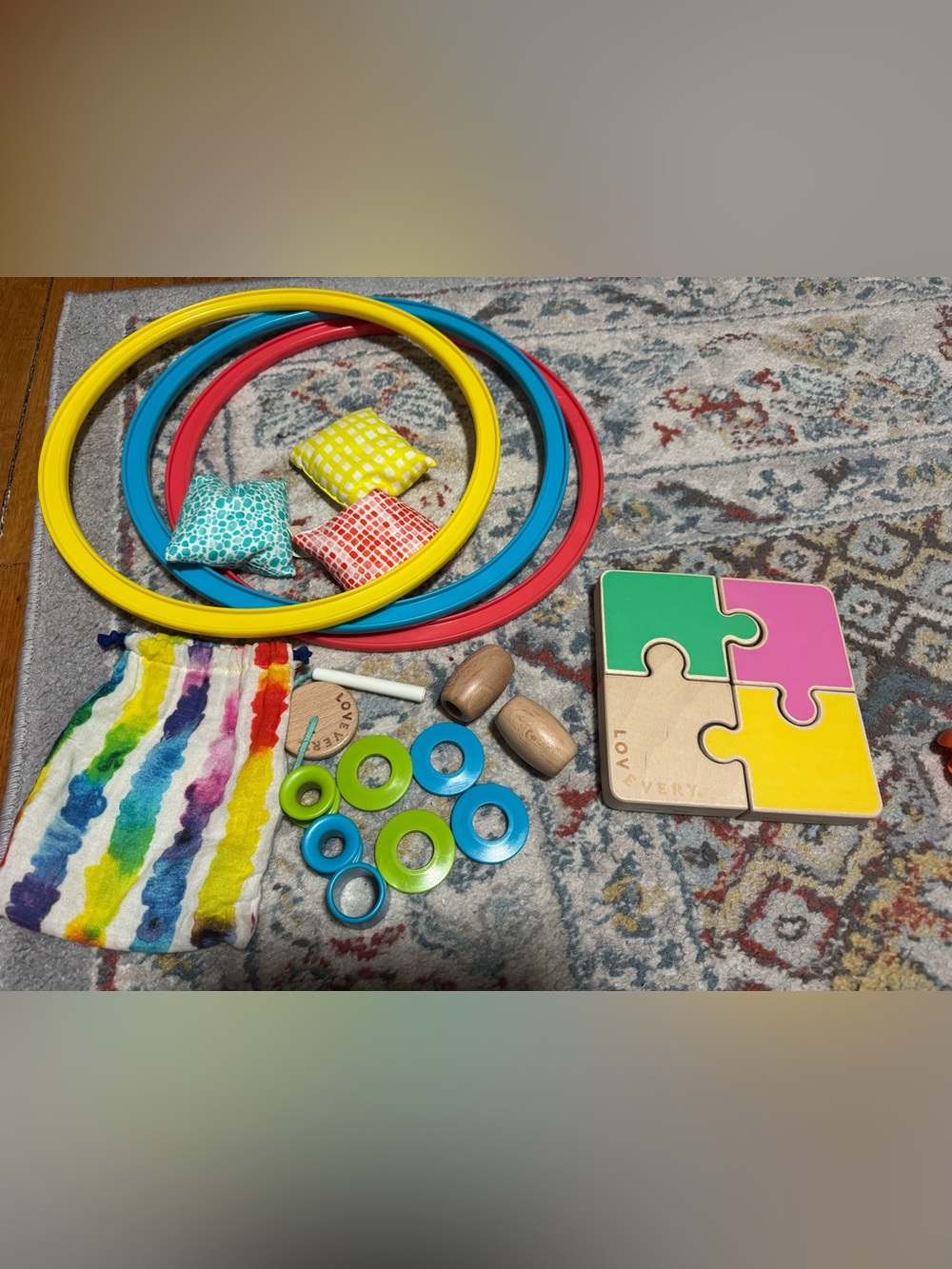 Lovevery bead thread, hoop with bean bags and big puzzle